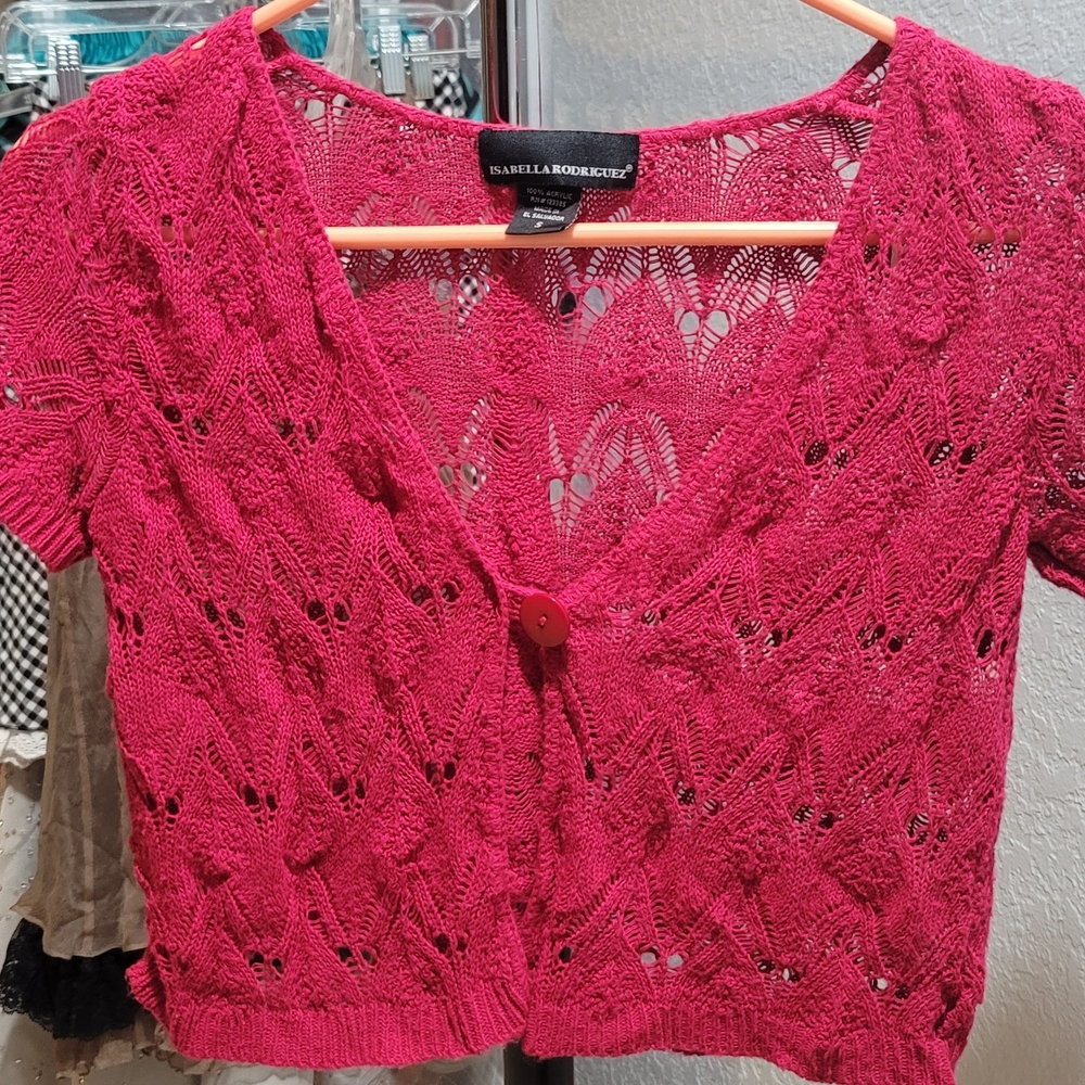 Isabella Rodriguez Women's Pink Crochet Short-Sleeve Cardigan